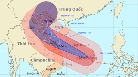 Đường đi của bão trong bản tin mới nhất lúc 17 giờ 30 ngày 9-11.
