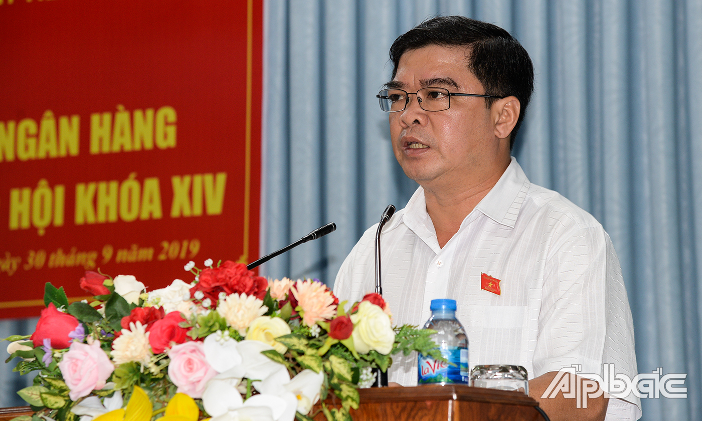 đồng chí Nguyễn Thanh Hải, Tỉnh uỷ viên, Phó Trưởng Đoàn đại biểu Quốc hội tỉnh, Uỷ viên Uỷ ban Văn hoá, Giáo dục, Thanh niên, Thiếu niên và Nhi đồng của Quốc hội khoá XIV phát biểu ý kiến.