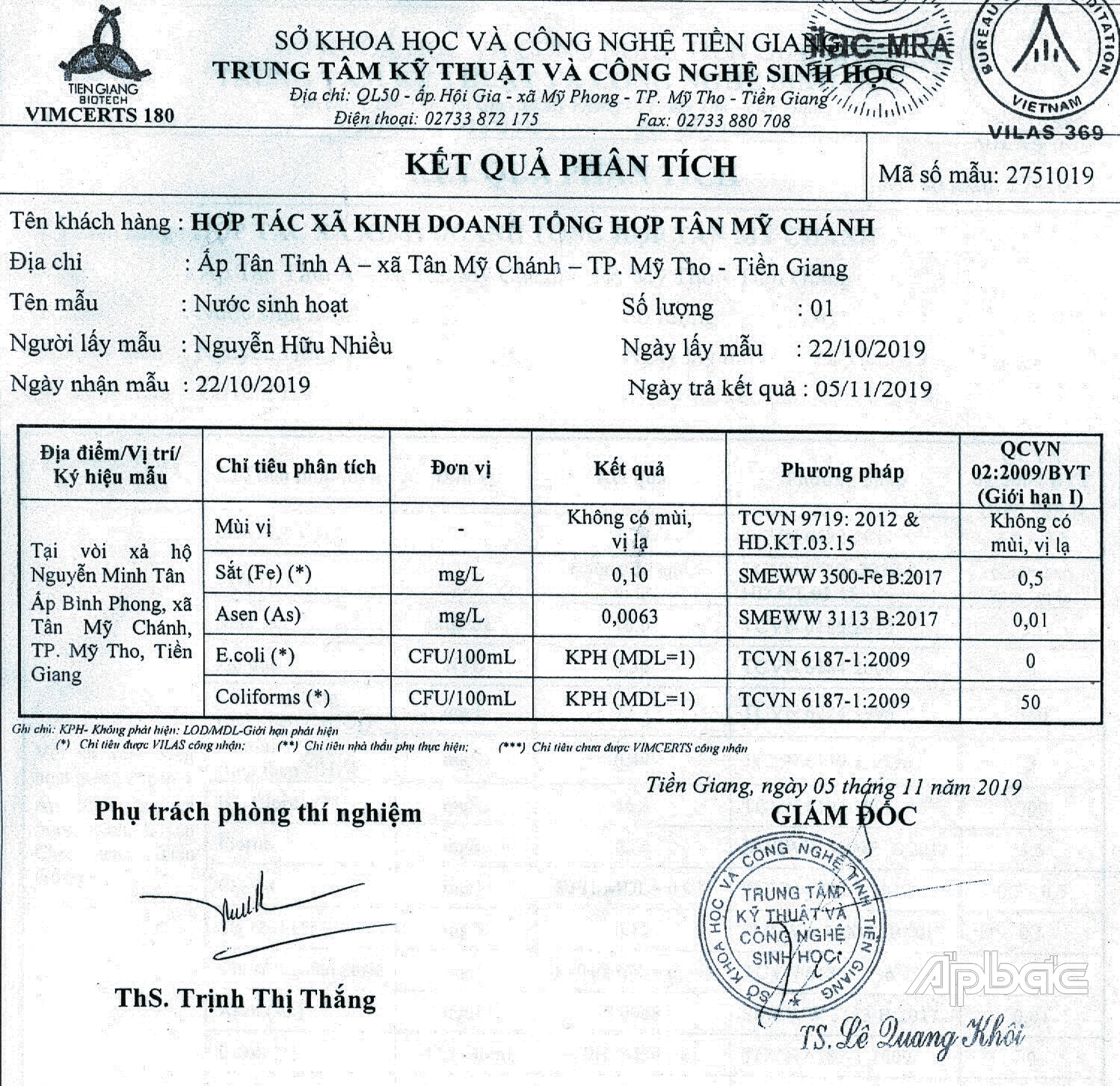 Chất lượng nước ở ấp Bình Phong trong ngưỡng cho phép