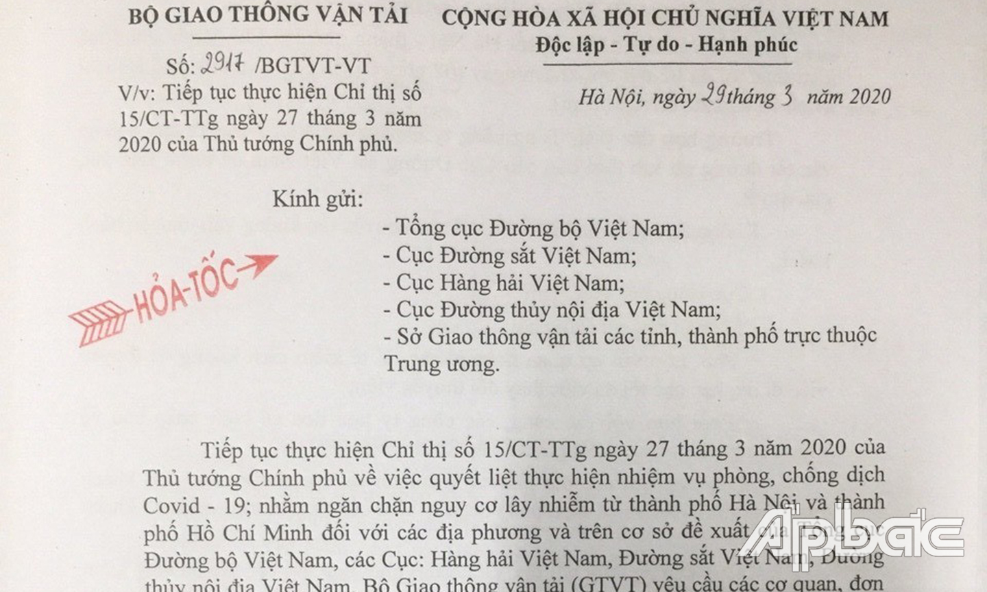 Công văn hỏa tốc ngay trong tối 29-3.