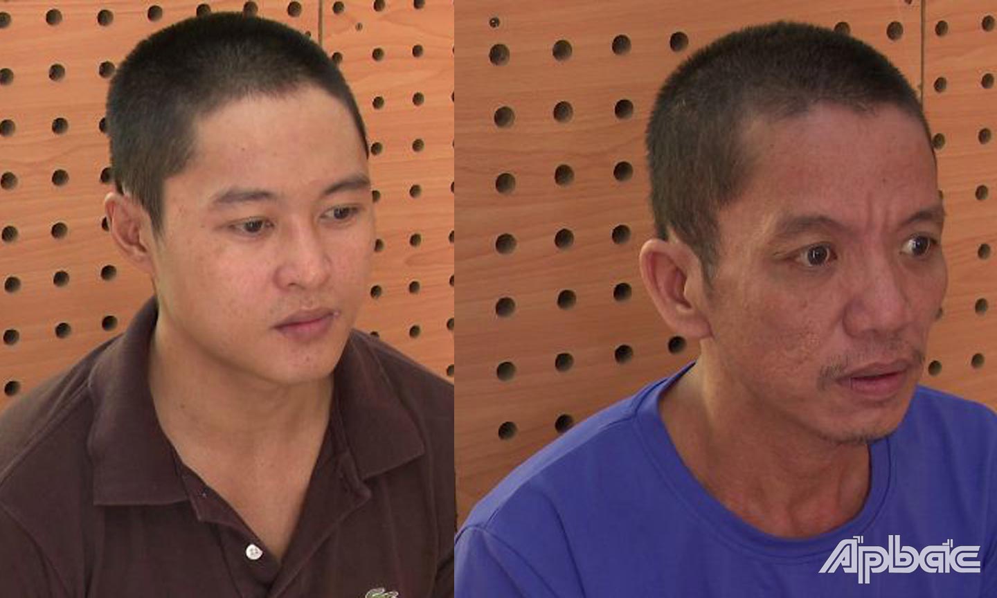 Đối tượng Tuấn (trái), Nghĩa (phải) tại cơ quan chức năng.
