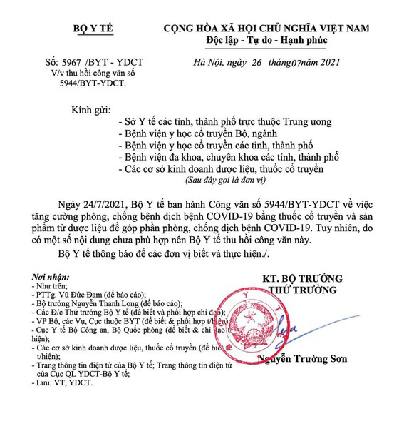 Quyết định của Bộ Y tế về việc thu hồi Công văn 5944/BYT-YDCT