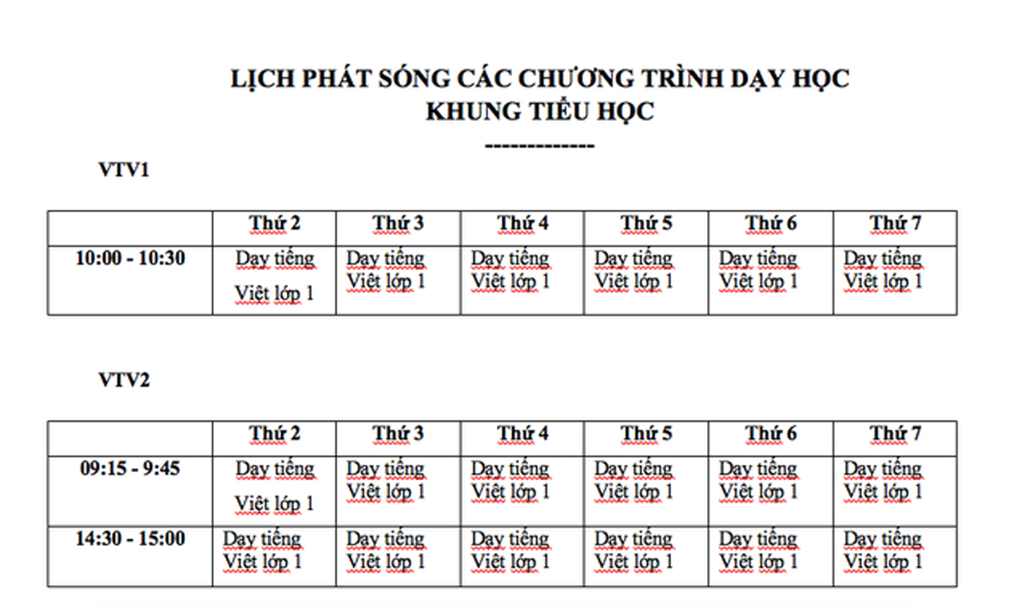 Khung giờ phát sóng cụ thể bài giảng lớp 1, lớp 2 trên kênh VTV1.