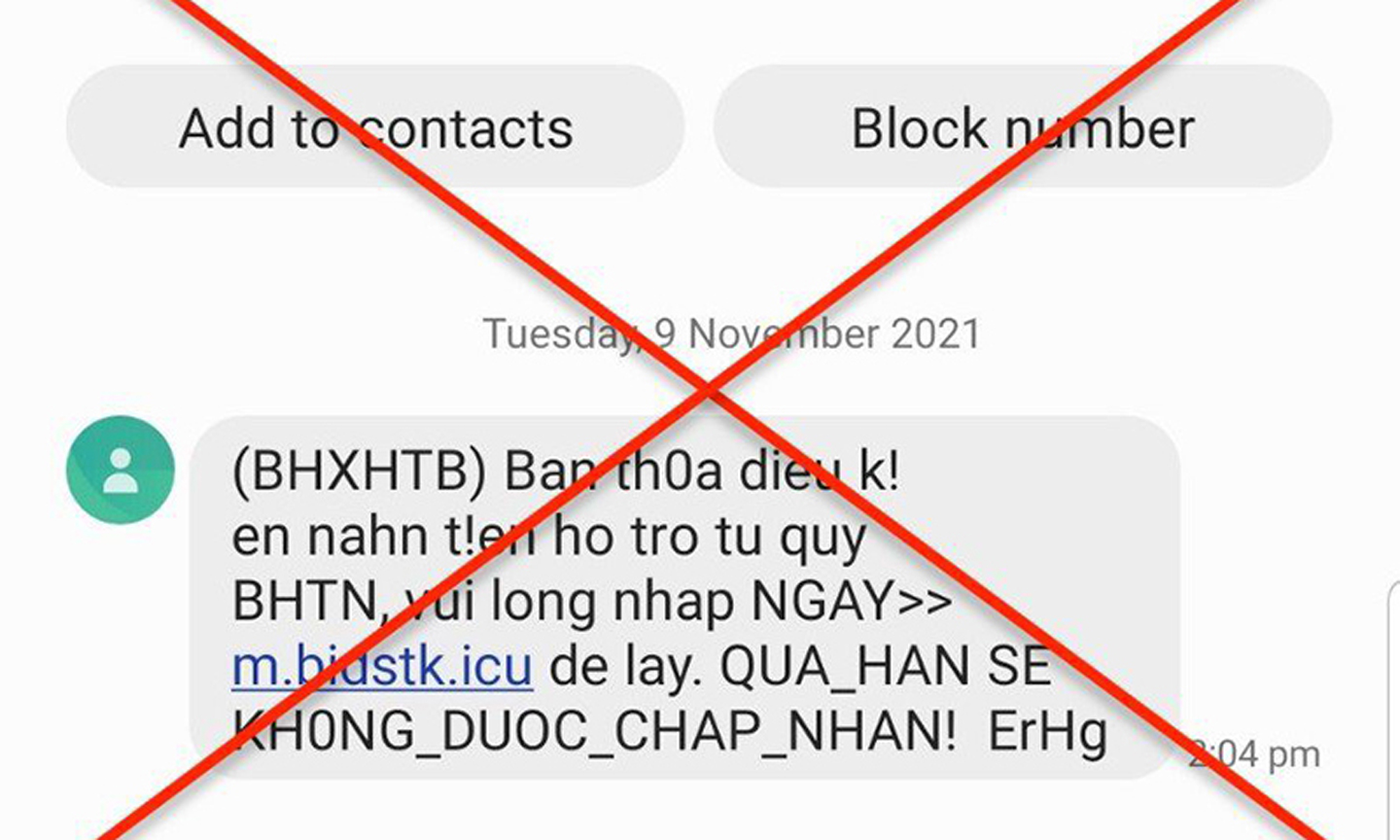 Cần cảnh giác với tin nhắn từ các đầu số lạ lừa đảo thông tin về nhận hỗ trợ từ Quỹ Bảo hiểm thất nghiệp (Ảnh: VSS).