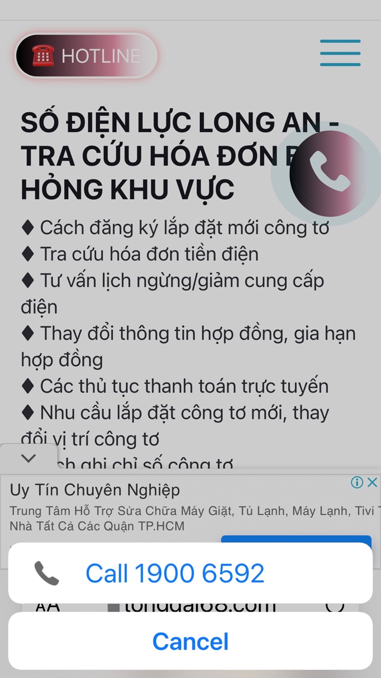 hông tin quảng cáo giả mạo xuất hiện trên mạng xã hội: Số điện thoại Điện lực Long An – Tra cứu hóa đơn, Báo hỏng khu vực – 19006592. 