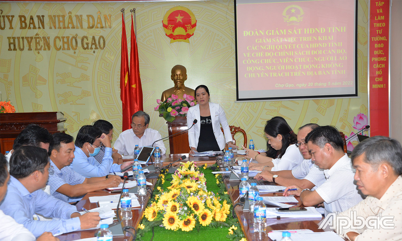 Đồng chí Nguyễn Thị Kim Nhung phát biểu tại buổi làm việc với UBND huyện Chợ Gạo