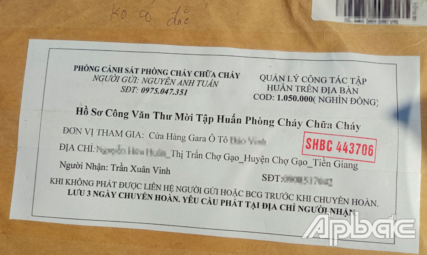 Bưu phẩm đối tượng giả danh cán bộPhòng Cảnh sát PCCC&CNCH gửi đến cho cơ sở,doanh nghiệp.