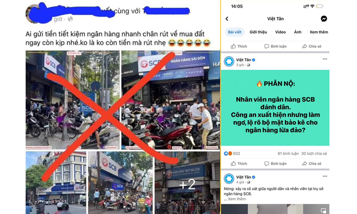 Những thông tin sai sự thật được các đối tượng đưa lên mạng xã hội Facebook nhằm kích động người dân đến rút tiền tại Ngân hàng SCB.
