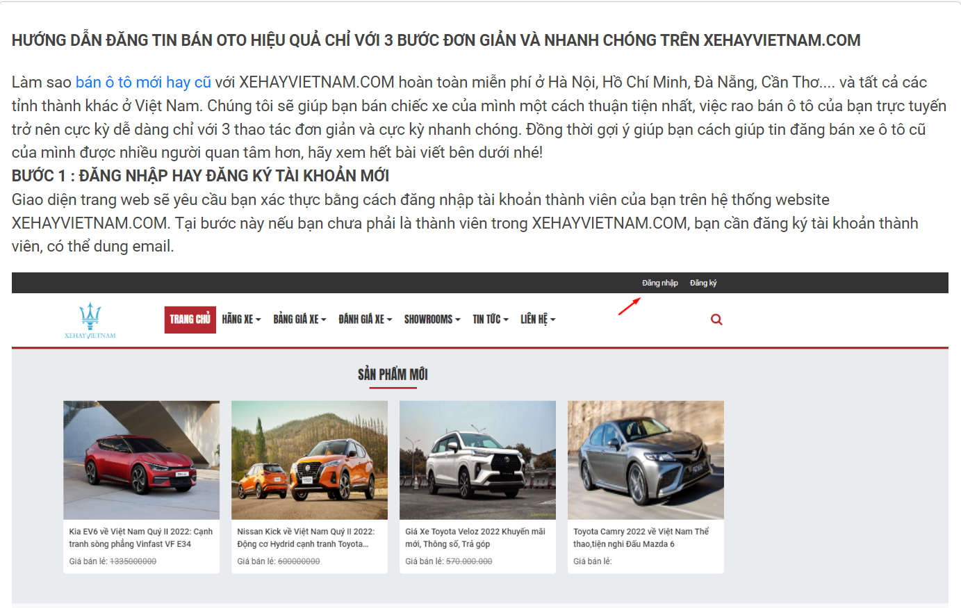 Website này có giao diện và hướng dẫn mua bán xe chi tiết, dễ sử dụng