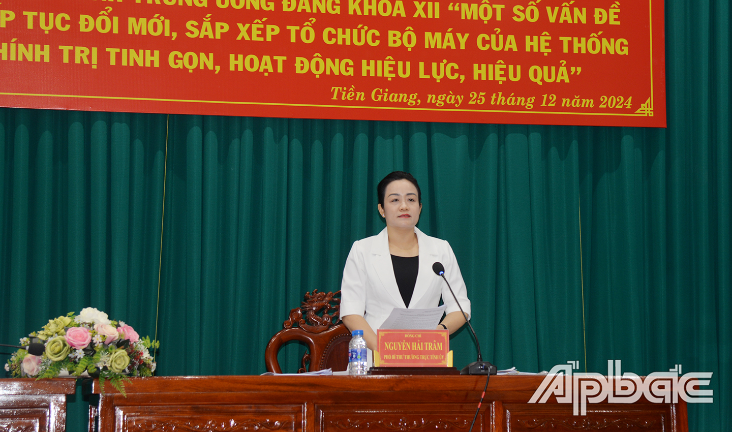 Đồng chí Nguyễn Hải Trâm, Phó Bí thư Thường trực Tỉnh ủy gợi ý nội dung trọng tâm hội nghị cần tập trung thảo luận