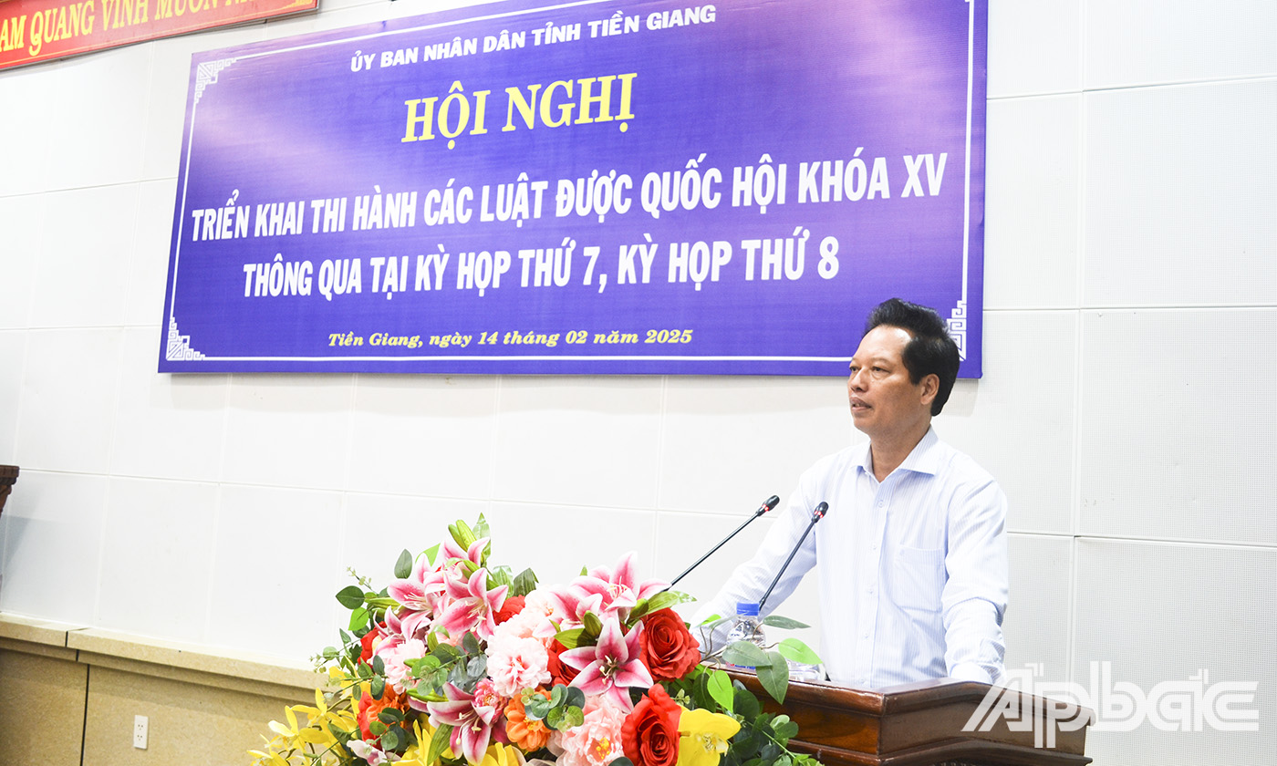 Đồng chí Nguyễn Thành Diệu, Phó Chủ tịch UBND tỉnh Tiền Giang phát biểu chỉ đạo tại hội nghị.