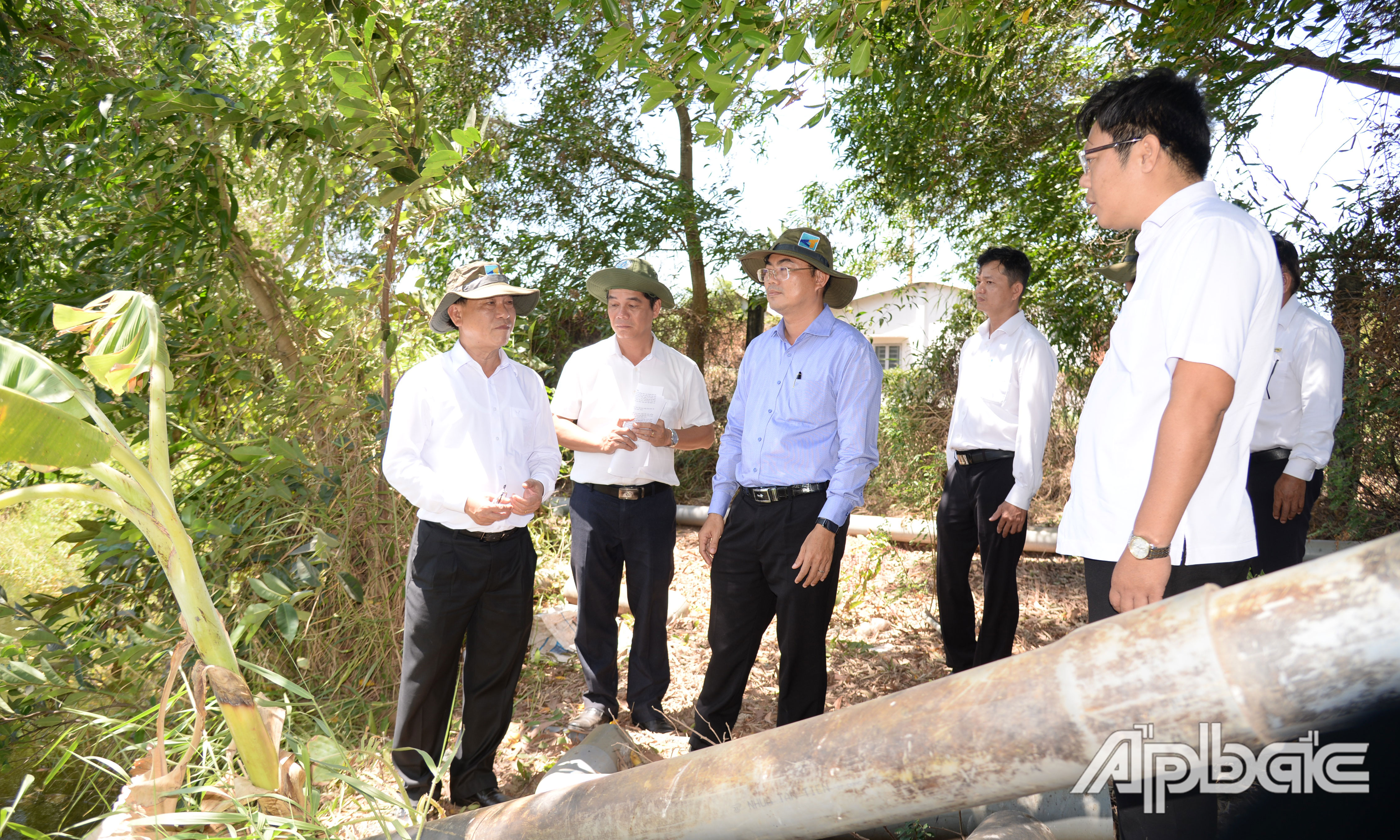 Đồng chí Nguyễn Văn Vĩnh kiểm tra tại ao Phú Thạnh.