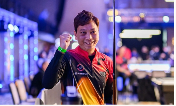 Dương Quốc Hoàng mừng chiến thắng ở vòng loại trực tiếp European Open tại thành phố Sarajevo, Bosnia & Herzegovina, ngày 14-3-2025. Ảnh: Matchroom