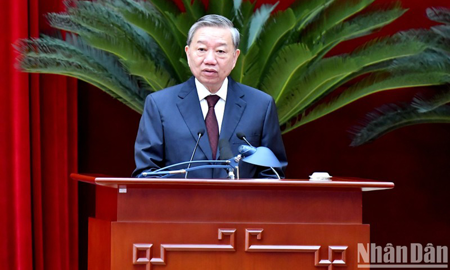 Party General Secretary To Lam addresses the opening of the 11th plenum of the 13th Party Central Committee in Hanoi on April 10. (Photo: Dang Khoa)