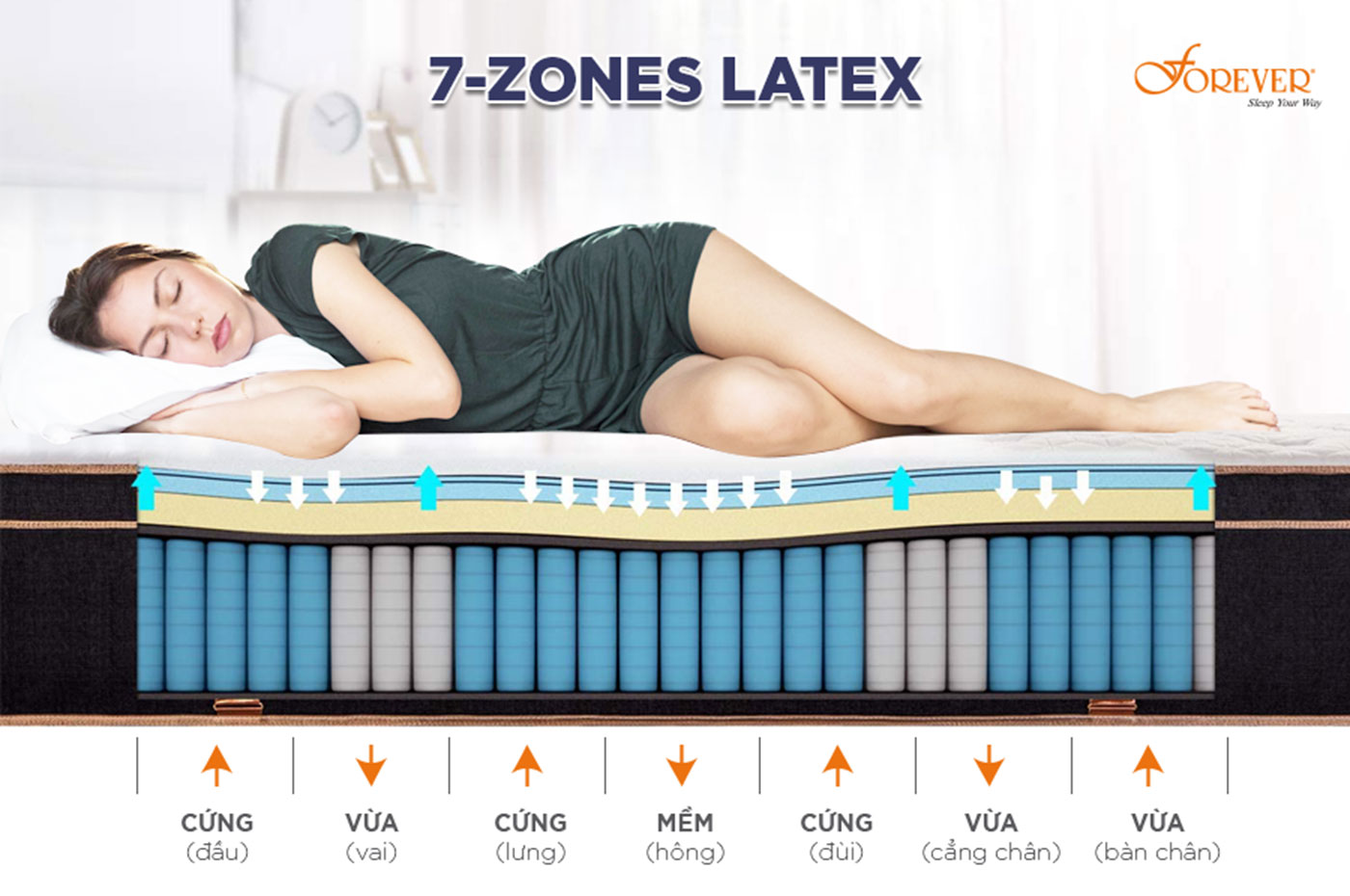 Công nghệ 7-ZONES LATEX phân vùng cơ thể, đảm bảo nâng đỡ trọn vẹn.