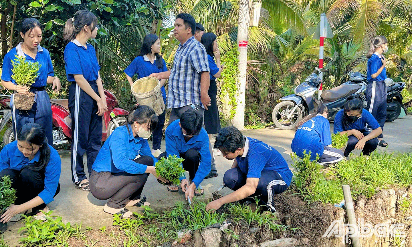 công trình trồng và chăm sóc 100 cây hoa trang trên tuyến đường Nguyễn Văn Nghĩa, ấp Vĩnh Thới có 30 đoàn viên, thanh niên, học sinh tham gia.