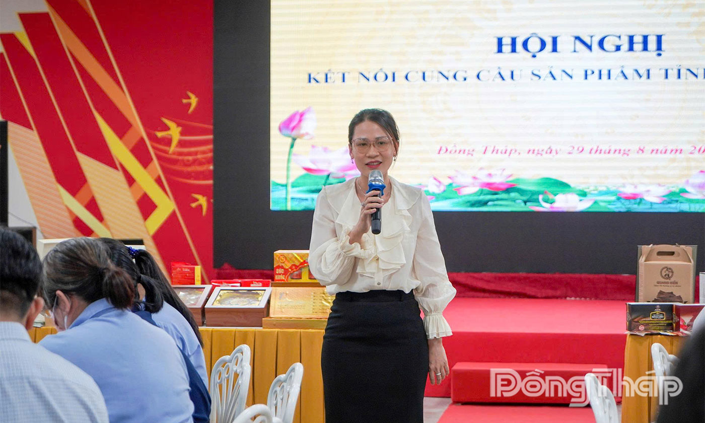 Lãnh đạo Trạm dừng chân Châu Thành phát biểu tại Hội nghị kết nối cung cầu sản phẩm tỉnh Đồng Tháp.