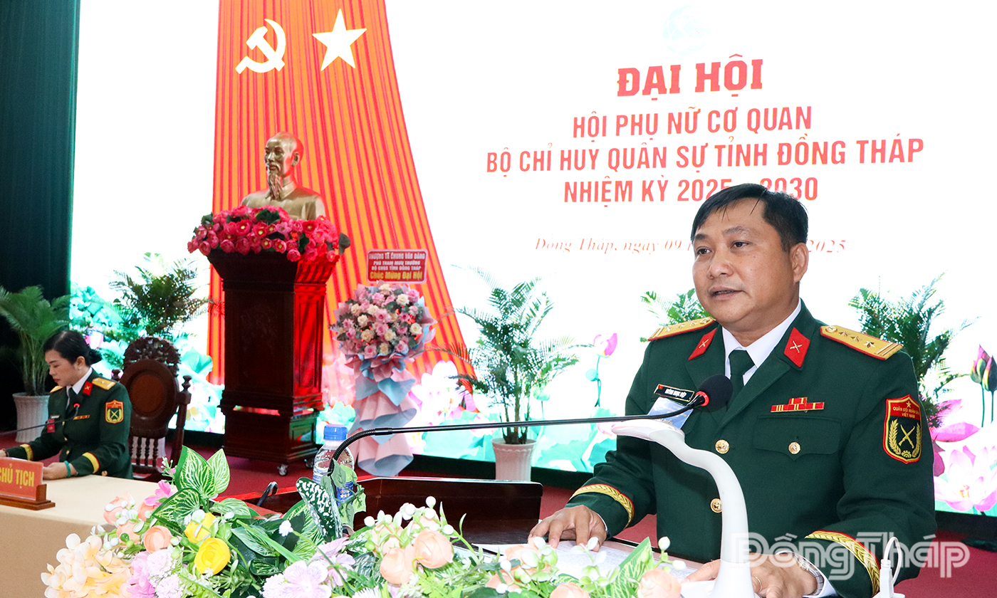 Thượng tá Huỳnh Ngọc Hiệp, Phó Chủ nhiệm Chính trị Bộ CHQS tỉnh Đồng Tháp phát biểu chỉ đạo tại Đại hội.