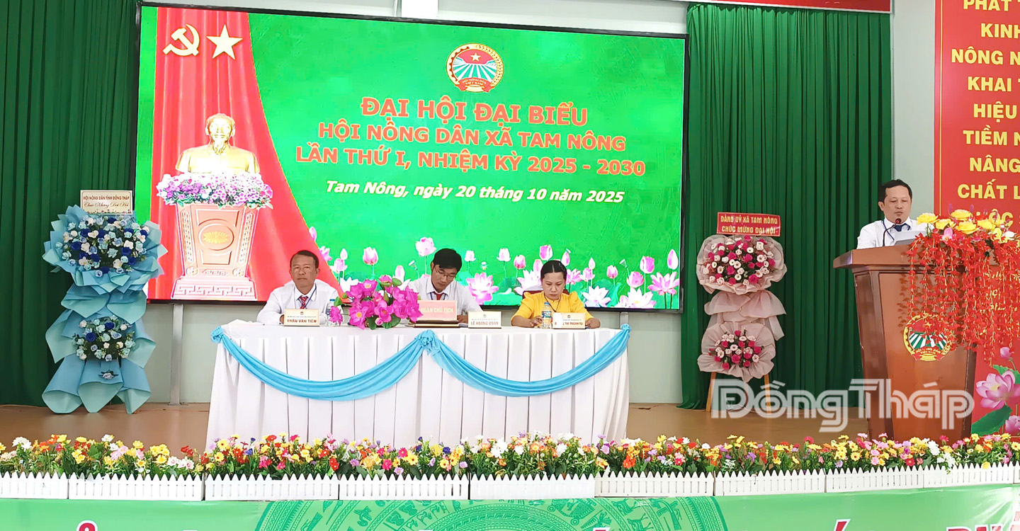 Đồng chí Lý Văn Giàu, Tỉnh uỷ viên, Bí thư Đảng uỷ, Chủ tịch HĐND xã Tam Nông phát biểu tại đại hội.
