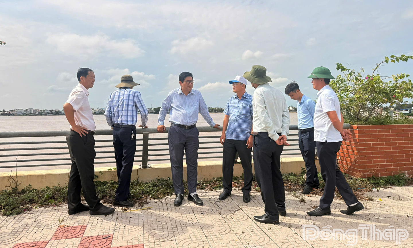 Đoàn công tác liên ngành của tỉnh Đồng Tháp khảo sát các điểm sạt lở kè Thường Thới Tiền.