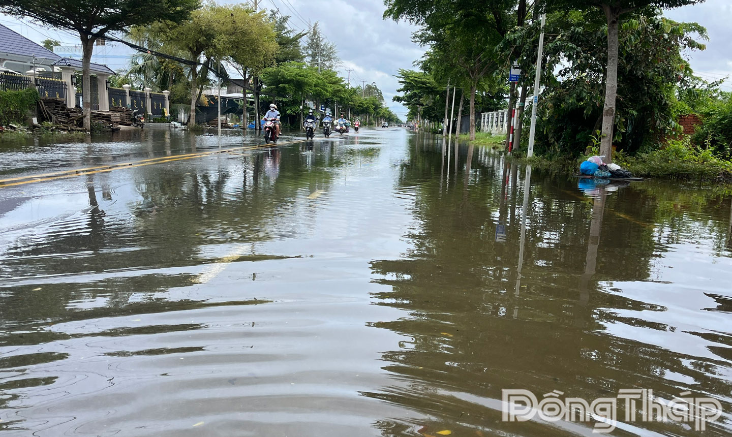 Triều cường ngập sâu tuyến đường Nguyễn Sinh Sắc, phường Sa Đéc ảnh hưởng khiến việc mưu sinh và đi lại của bà con gặp nhiều khó khăn. 