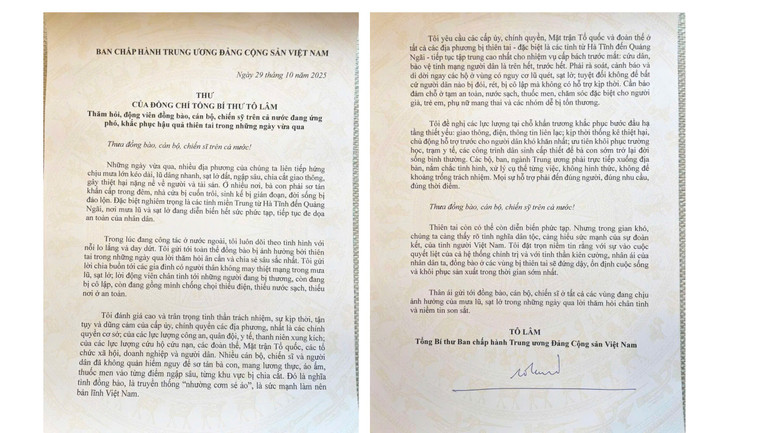 Tổng Bí thư Tô Lâm gửi Thư thăm hỏi, động viên đồng bào, cán bộ, chiến sĩ trên cả nước đang ứng phó, khắc phục hậu quả thiên tai trong những ngày vừa qua.