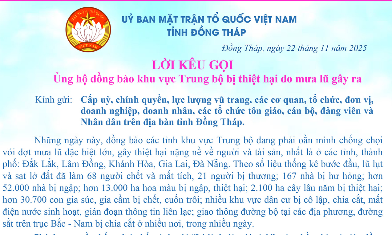 Lời kêu gọi ủng hộ đồng bào khu vực Trung bộ bị thiệt hại do mưa lũ gây ra