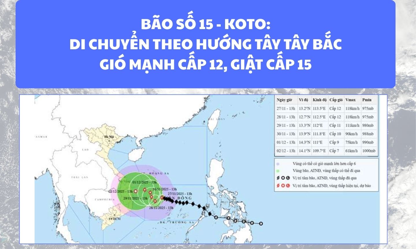 Bão số 15 - KOTO: Di chuyển theo hướng Tây Tây Bắc, sức gió mạnh cấp 12, giật cấp 15