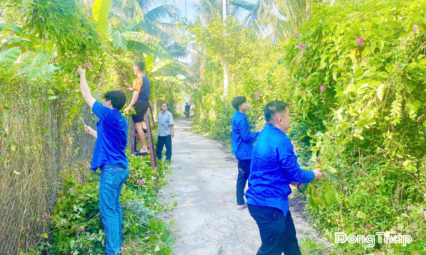 Đoàn viên, thanh niên và người dân xã Long Hưng tham gia dọn dẹp, chặt mé cây xanh che khuất tầm nhìn trên tuyến đường giao thông nông thôn.