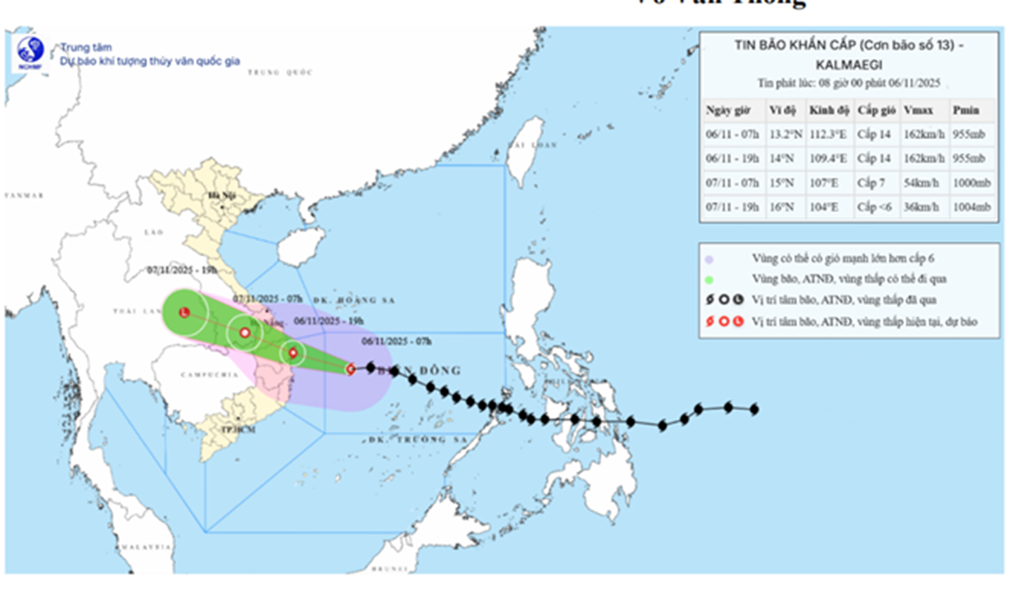 Bản độ dự đoán vị trí và cường độ bão số 13 hồi 7 giờ ngày 6-11.