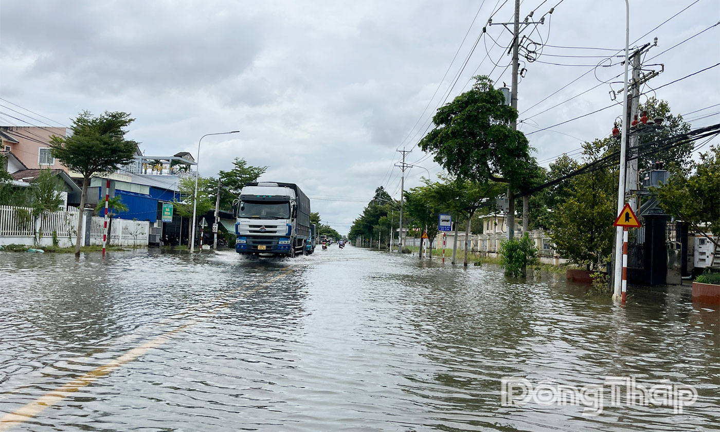 Đường Nguyễn Sinh Sắc, phường Sa Đéc, tỉnh Đồng Tháp ngập sâu.
