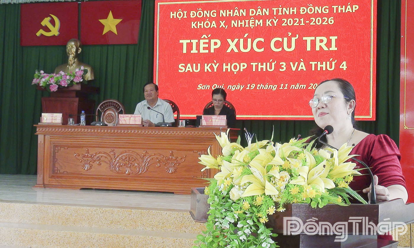 Đồng chí Nguyễn Thị Tuyết Vân, Phó Trưởng Ban Văn hóa - Xã hội, HĐND tỉnh Đồng Tháp phát biểu tại buổi tiếp xúc.