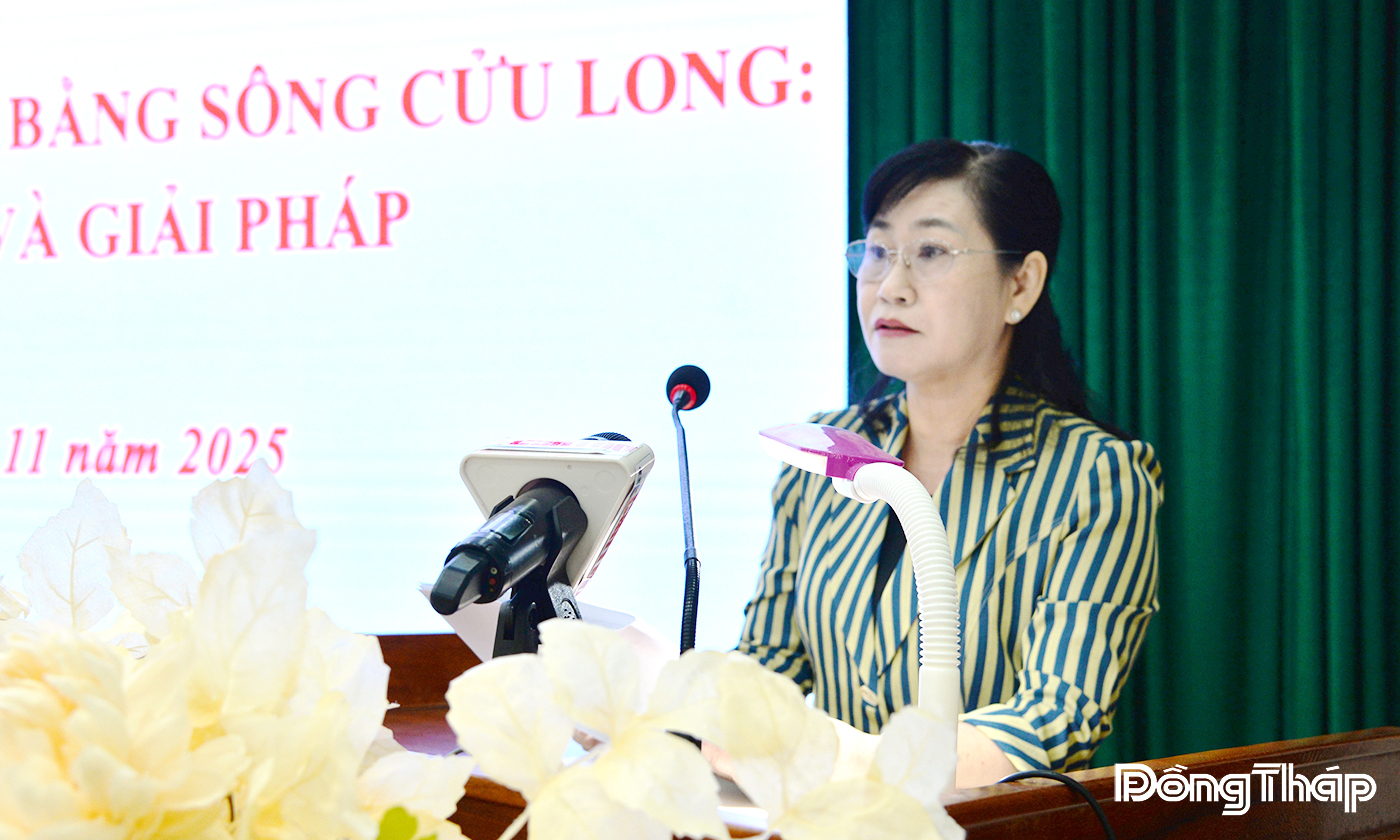 Đồng chí Châu Thị Mỹ Phương phát biểu tại hội thảo.