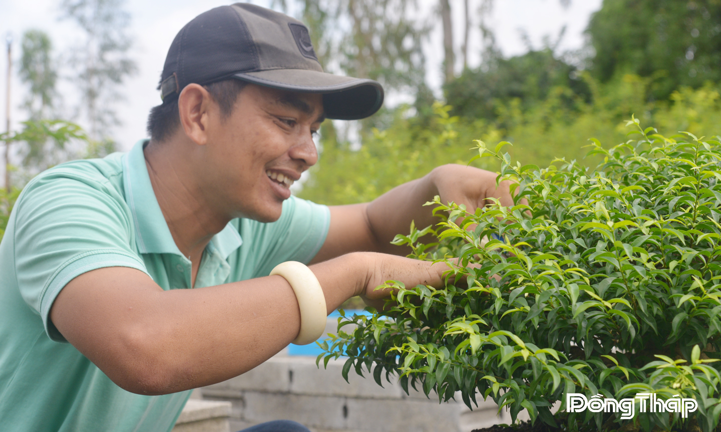 Anh Nguyễn Văn Sắt chăm sóc từng chậu cây.