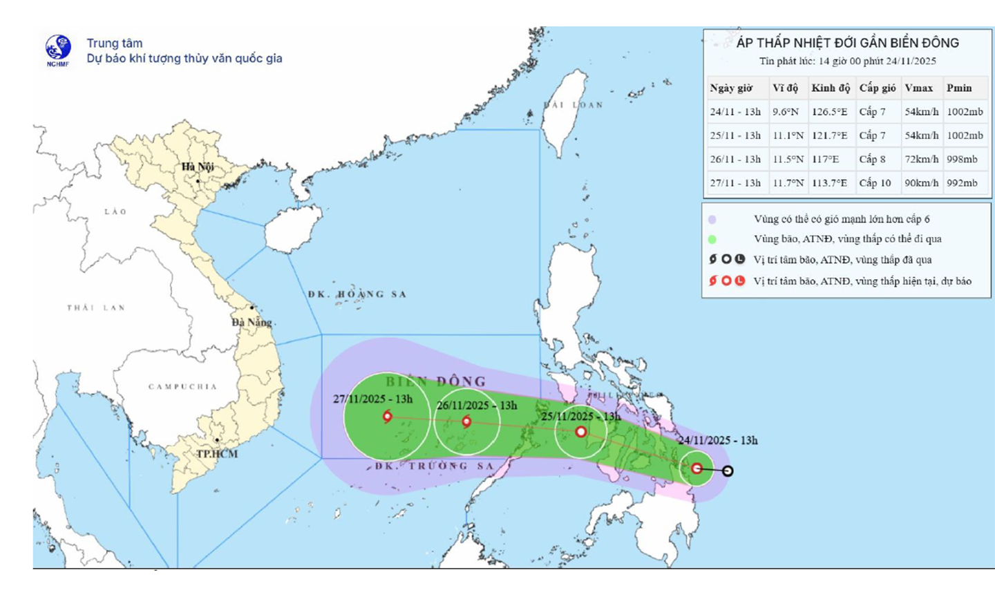 Bản đồ dự báo cường độ và vị trí áp thấp nhiệt đới hồi 13 giờ, ngày 24-11-2025.