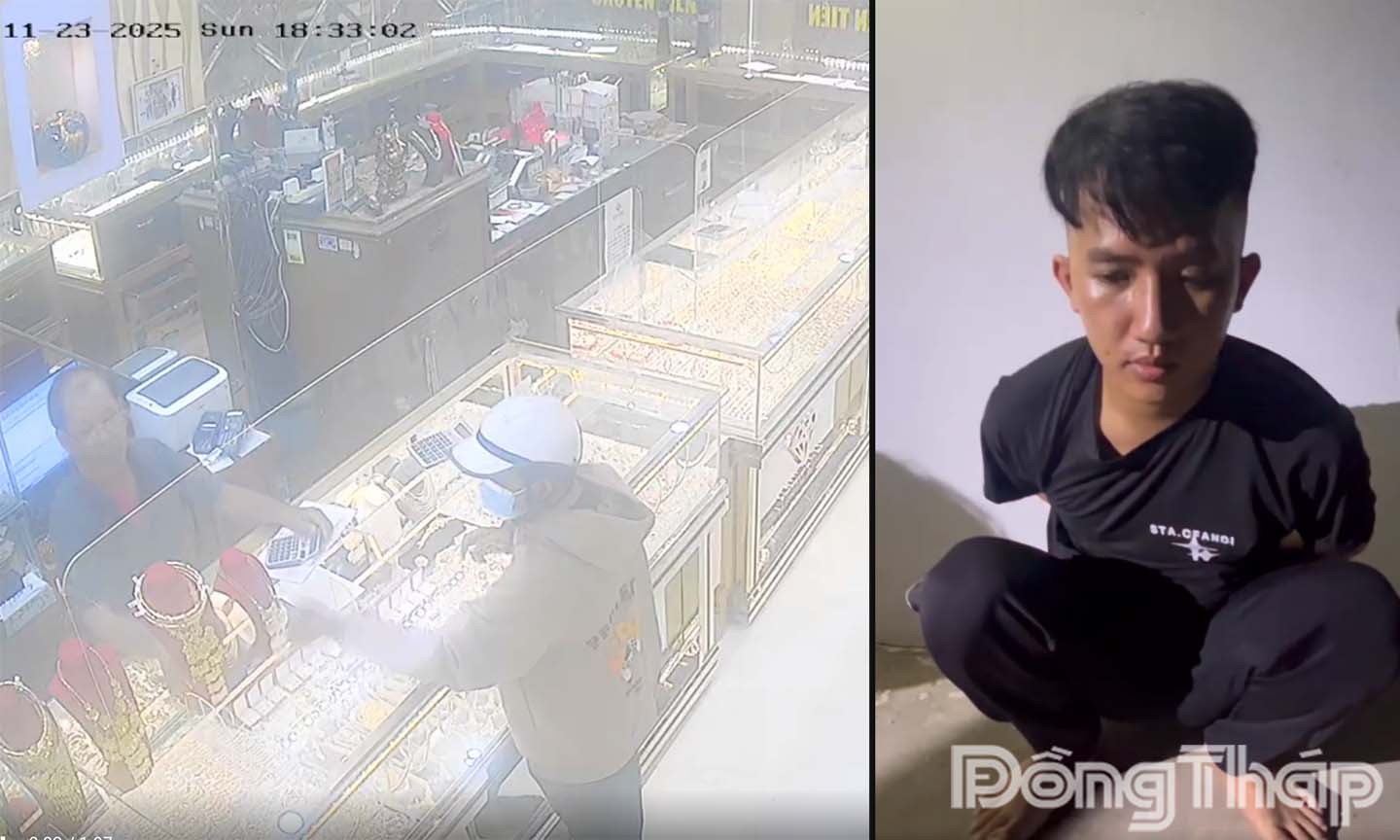 Đối tượng cướp tiệm vàng và hiện trường vụ cướp.