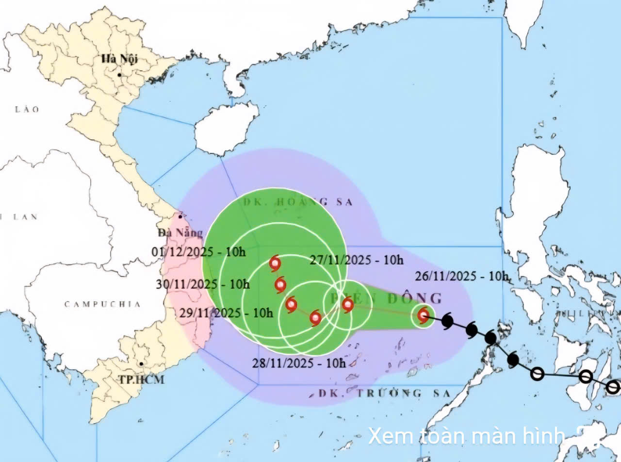 Dự báo hướng đi và vùng ảnh hưởng bão Koto, trưa 26-11. Ảnh: NCHMF