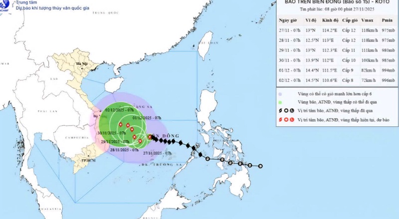 Bản đồ dự báo quỹ đạo và cường độ bão số 15 phát lúc 8 giờ ngày 27-11.